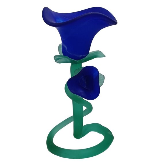 MURANO Cobalt Blue Rose Flower Frosted Tulip  Art Glass  Candlestick Holder - Picture 1 of 3